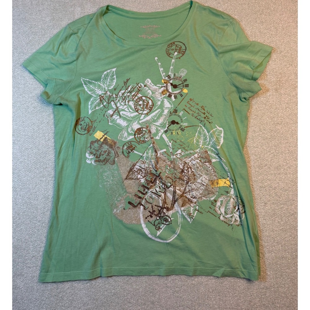 Izod Womens Green Graphic Tee Shirt Rose Clock Collage Print Size Medium